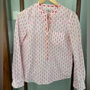 J Crew Long Sleeve Half Button Down Blouse Size‎ 0 White Pink 100% Cotton Boho